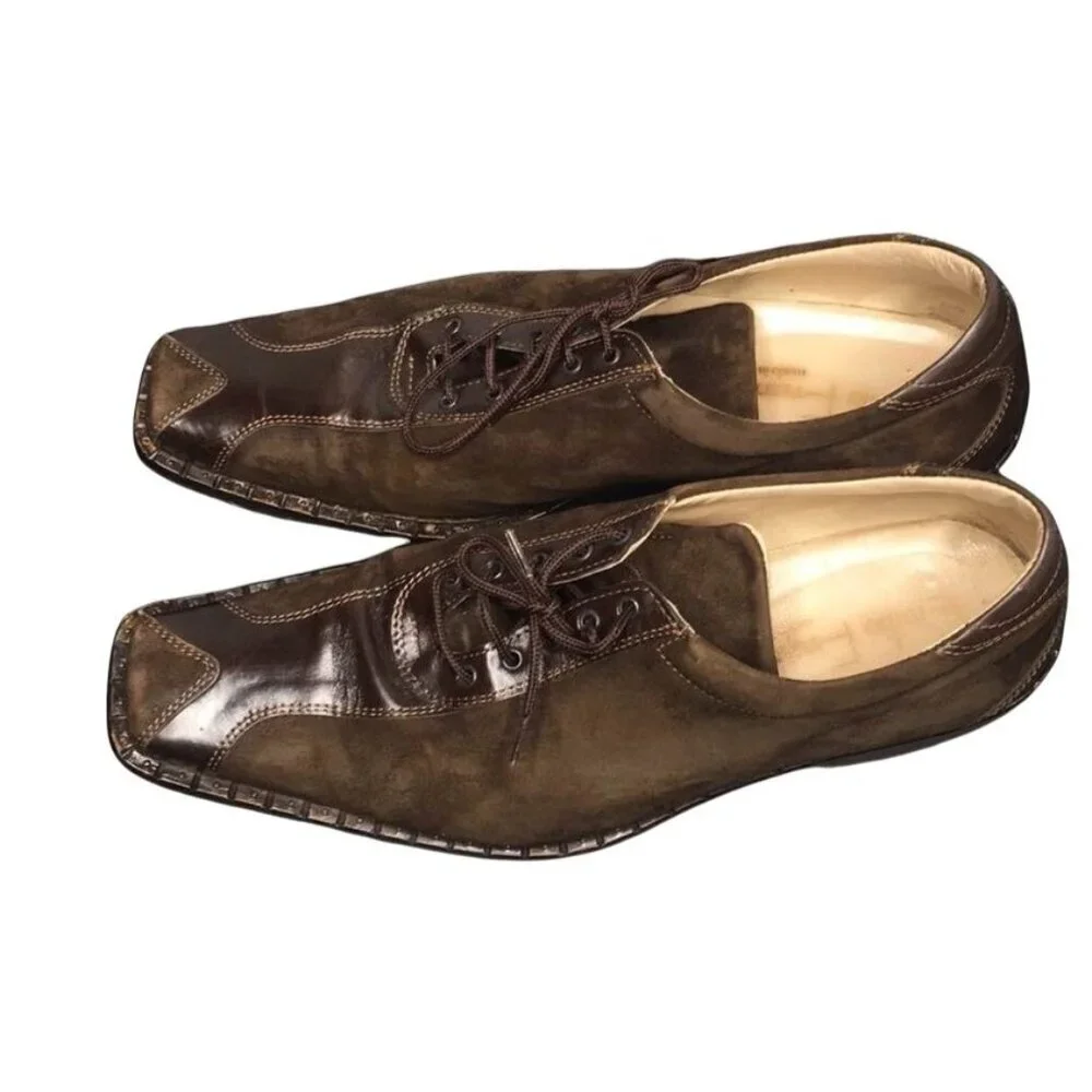 Mens Brown Suede & Leather Square Toe Lace-Up Dress Shoes Size 44